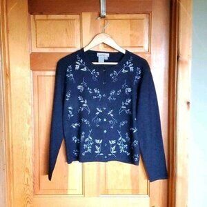 Eddie Bauer 100% Black Wool‎ Embroidered Floral Button Down LS Sz M Cardigan